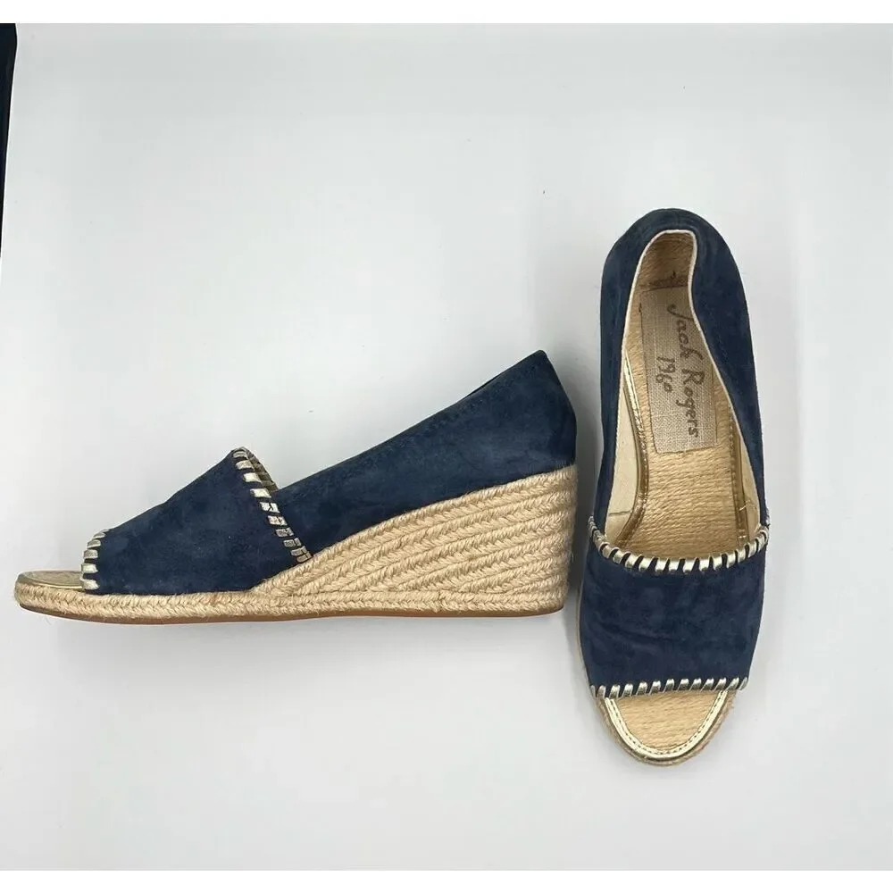 Jack Rogers Preppy Palmer Wedges Espadrille Suede Midnight Blue Gold size US 10